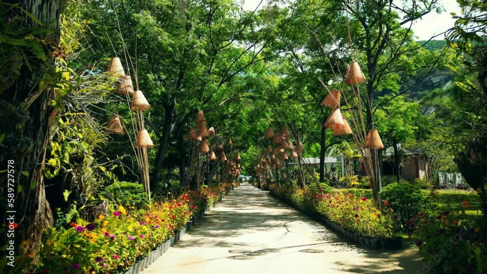 Park Dao Hoa Lai Nha Trang, Vietnam. Ancient historical old complex. Culture A national architectural feature. Tropical park trees. visual journey. 4K