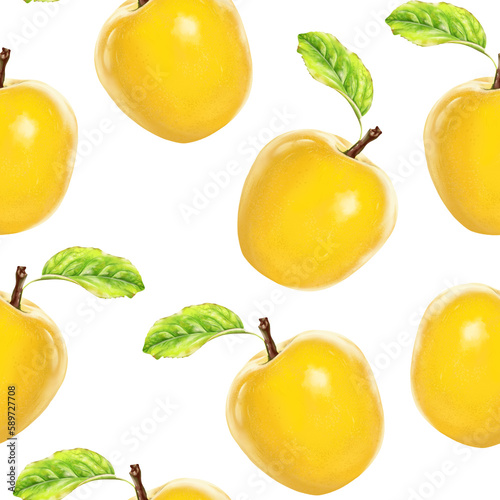 Illustration realism seamless pattern fruit apple yellow color on a white isolated background. High quality illustration