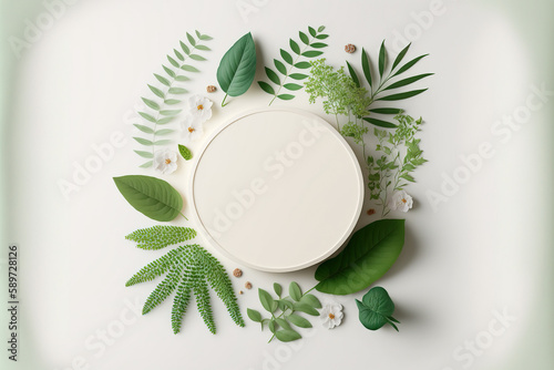 Modern round white podium with organic green leaves on backdrop. Top view round platform for showcasing beauty skincare product. Clean and natural template for mockup products. Flawless Generative AI photo