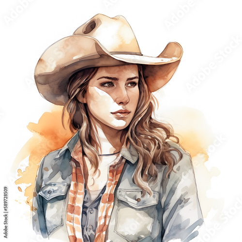 Watercolor hand painted cowgirl in a hat. AI Generative