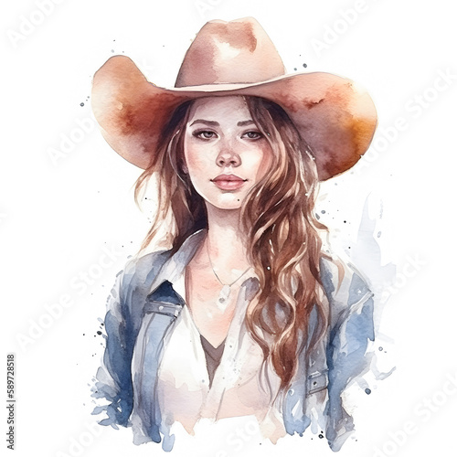 Watercolor hand painted cowgirl in a hat. AI Generative photo