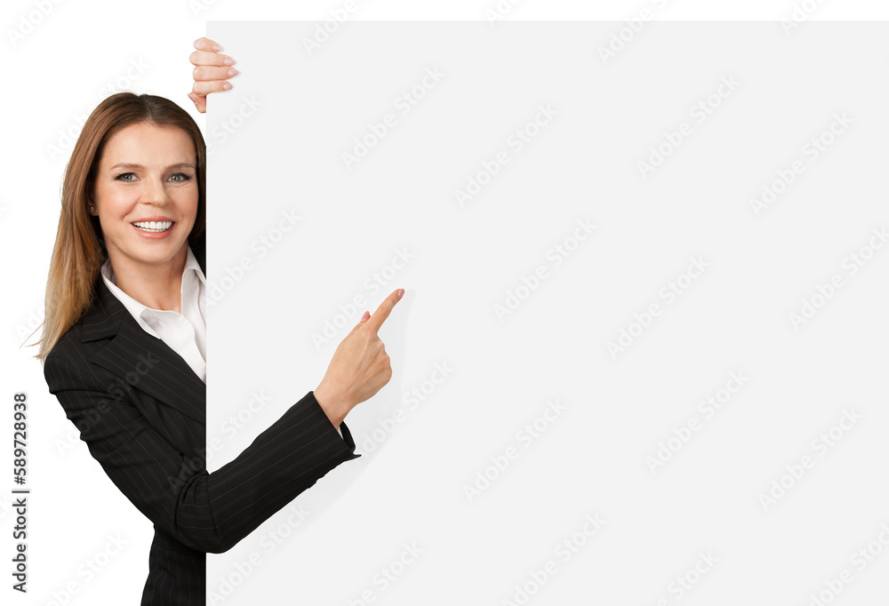 Happy smiling young woman showing blank signboard, isolated on background Happy smiling young woman showing blank signboard, isolated on background