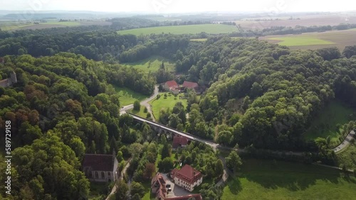 Aerial Moving Forward Over Old Historic German Town And Towards A bridge