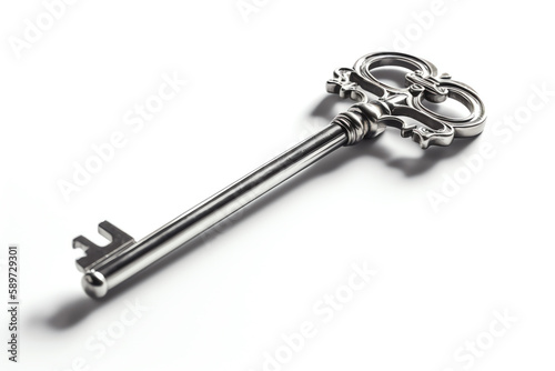 A shiny silver key, isolated on a white background. generative AI