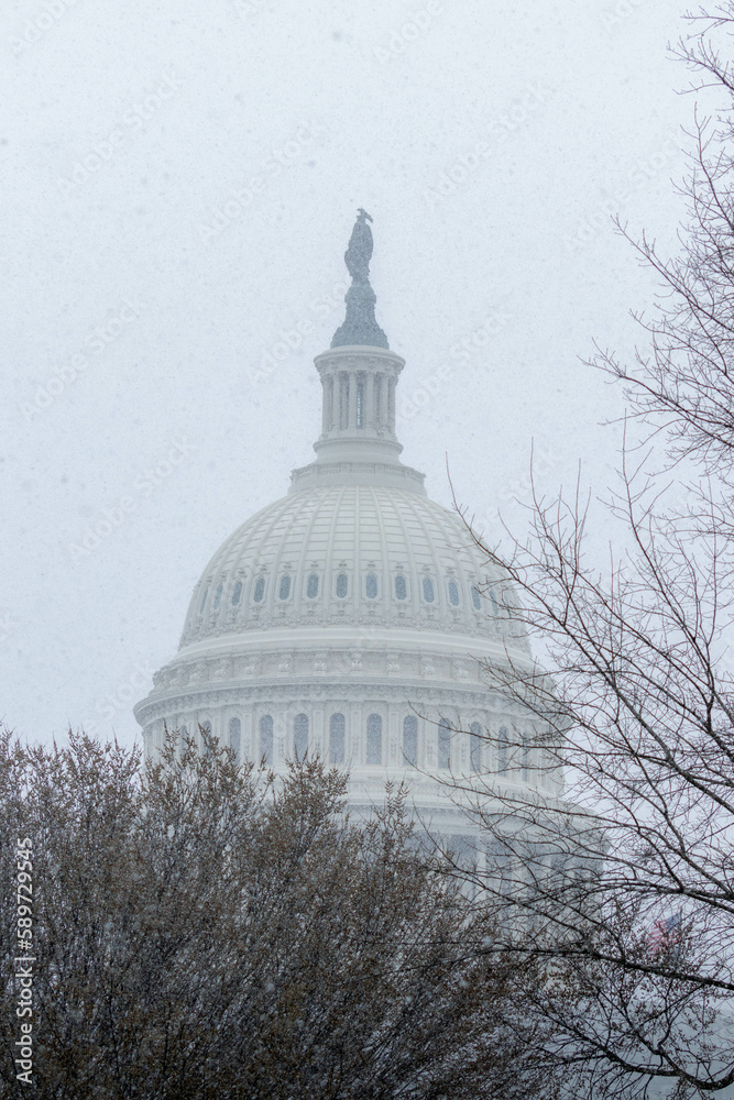 Close Up View of US Capital Building in Winter During a Snow Strom Close Up View of US Capital Building in Winter During a Snow Strom