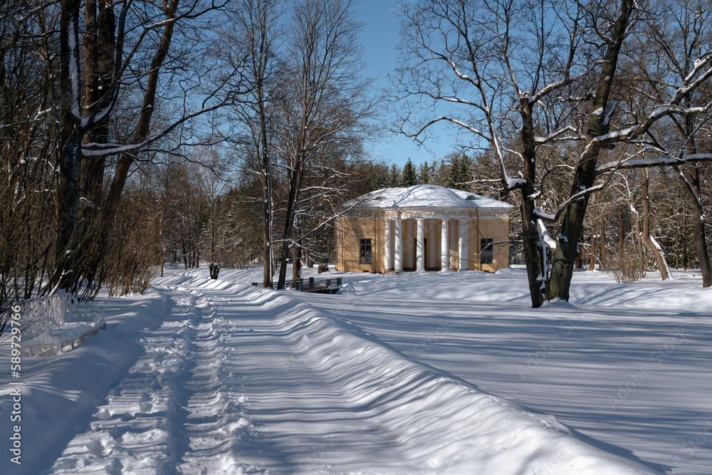View of the Concert Hall pavilion in the Catherine Park of Tsarskoye Selo on a sunny winter day, Pushkin, St. Petersburg, Russia View of the Concert Hall pavilion in the Catherine Park of Tsarskoye Selo on a sunny winter day, Pushkin, St. Petersburg, Russia