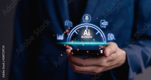 Wallpaper Mural Businessman using smartphone to give voice commands and artificial intelligence assistant to do tasks instead. searching for information financial transactions business analysis, investment, Torontodigital.ca