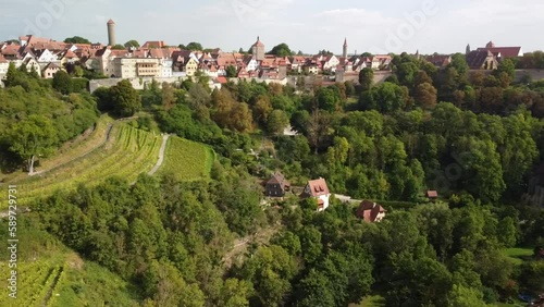 Rothenburg ob der Tauber Bavaria Germany reverse drone aerial view.old city tour