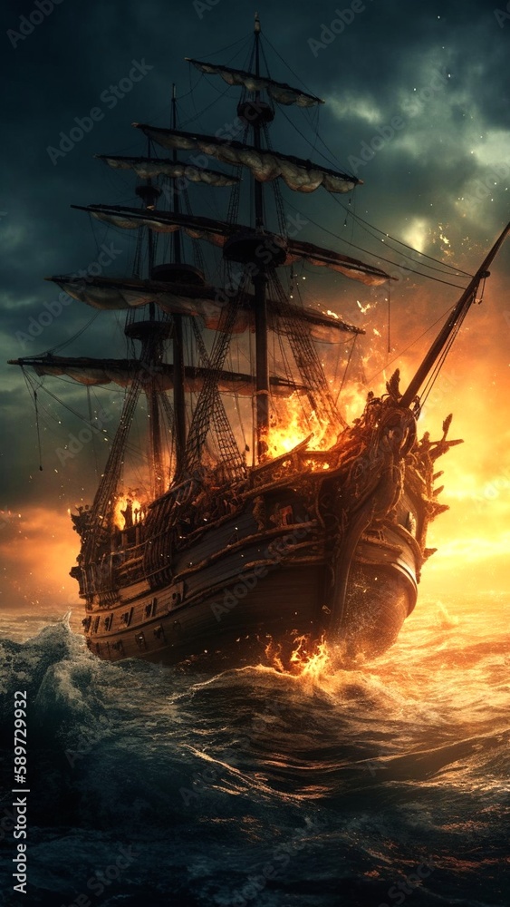 Obraz premium sailing ship in fire and smoke, pirates, after an epic battle, fantasy, generated in AI