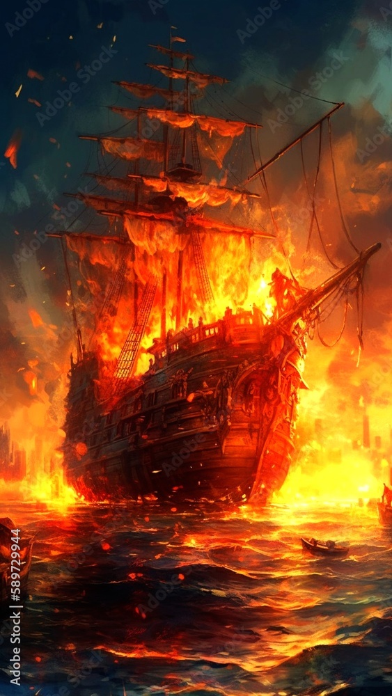 sailing ship in fire and smoke, pirates, after an epic battle, fantasy, generated in AI