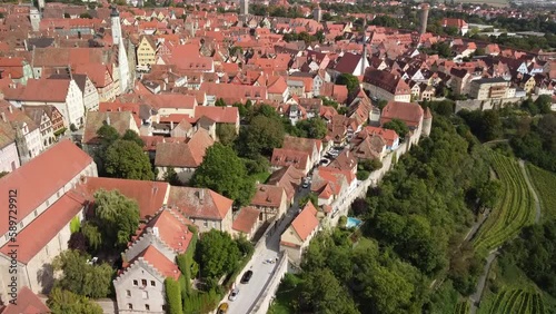 Rothenburg ob der Tauber Bavaria Germany reverse drone aerial view.old city tour