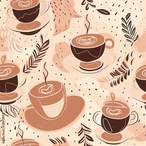 A pattern of coffee cups and leaves on a beige background generative AI