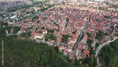 Rothenburg ob der Tauber Bavaria Germany reverse drone aerial view.old city tour