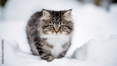 Cat in snow. Created using generative AI.