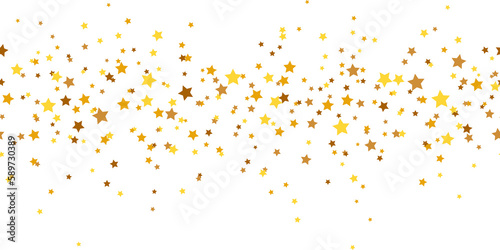Gold stars falling confetti seamless border frame isolated on transparent background  repeat pattern for birthday party  celebration  cut out  PNG illustration.