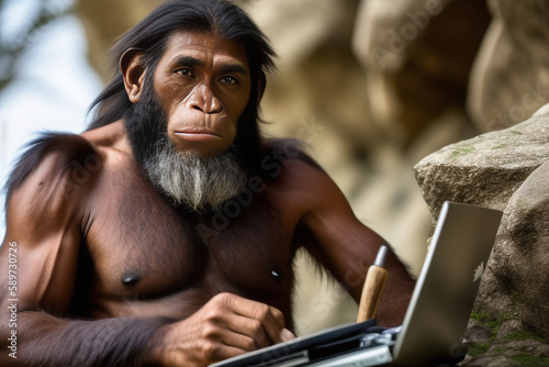 Stone age caveman working on modern laptop, juxtaposing primitive and modern technology. Retrospective, Human Evolution, Technology concept created with generative AI. photo