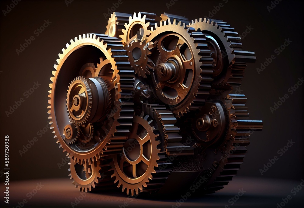 engine gears wheels slowly rotating dark metallic gears. Iron clockwork