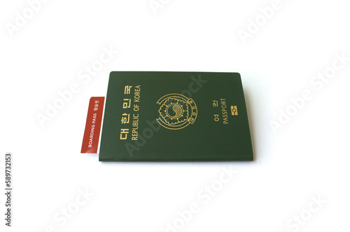 Republic of Korea passport and boarding pass isolated white background.