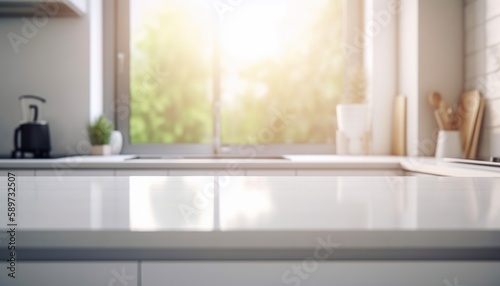 Wooden table top on blur kitchen room background