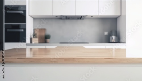 Wooden table top on a kitchen room background