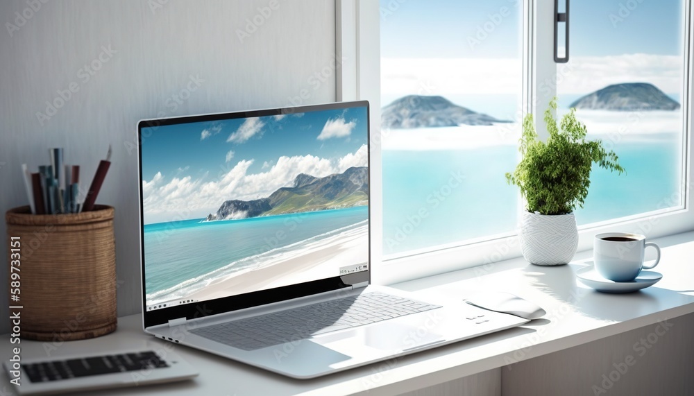 Fototapeta premium Office desk with laptop, coffee and flower. Modern business workplace.