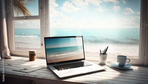 Office desk with laptop, coffee and flower. Modern business workplace.