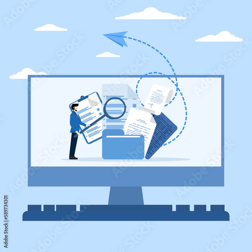 File management or archive documents, cloud storage or file search, computer data reserves or virus scanning, entrepreneurs by increasing magnifying glass for files on computer folder laptops.