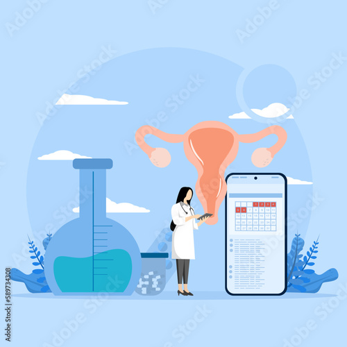 Female reproductive health. Gynecologist conducts uterine examination, diagnosis, laboratory test screening. Prevention of gynecological disease. Ovaries, uterus, cervical medical treatment. Vector.