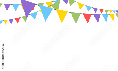Celebrate hanging triangular garlands. Colorful perspective flags party isolated on white background. Birthday, Christmas, anniversary, and festival fair concept. Vector illustration flat design.