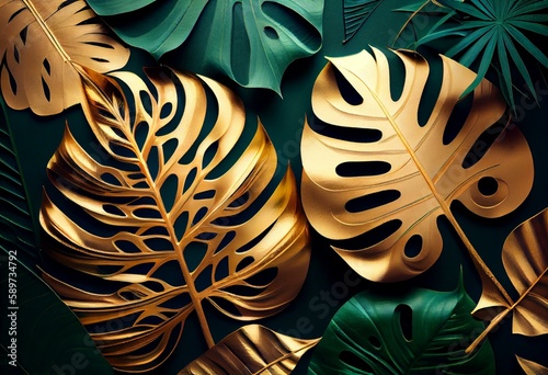 Creative nature gold and green background. tropical leaf banner or floral jungle pattern concept. Generative AI