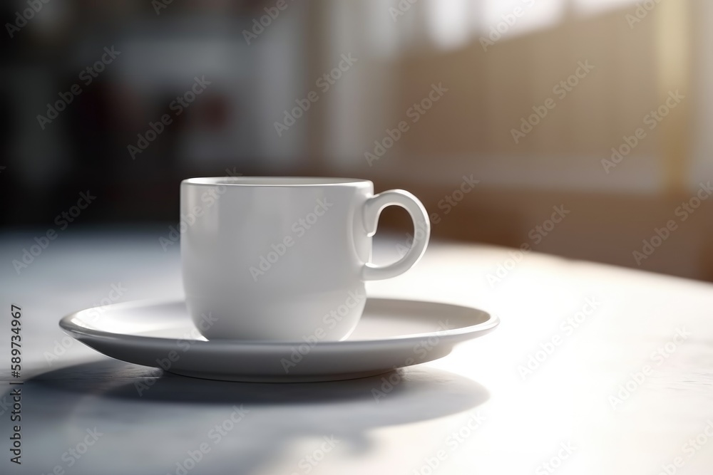 3D white blank mug or coffee cup mockup on a wooden table generative AI