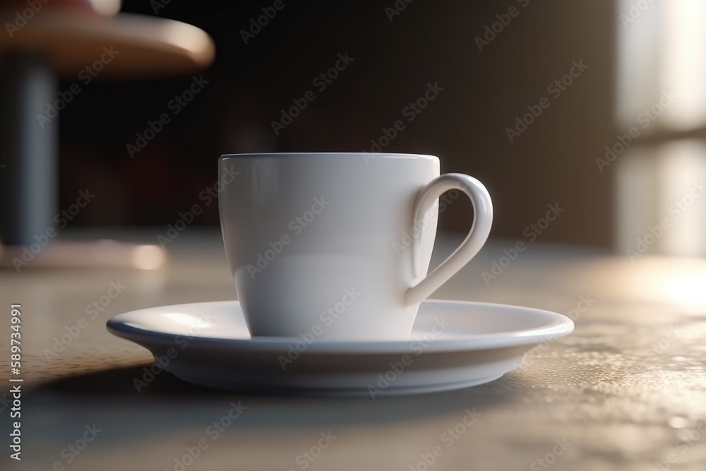 3D white blank mug or coffee cup mockup on a wooden table generative AI 3D white blank mug or coffee cup mockup on a wooden table generative AI