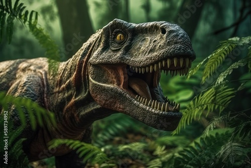 Tyrannosaurus or T-Rex staring out from the jungle burst. Generative AI © vectoraja
