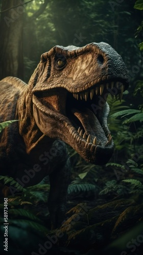 Tyrannosaurus or T-Rex staring out from the jungle burst. Generative AI