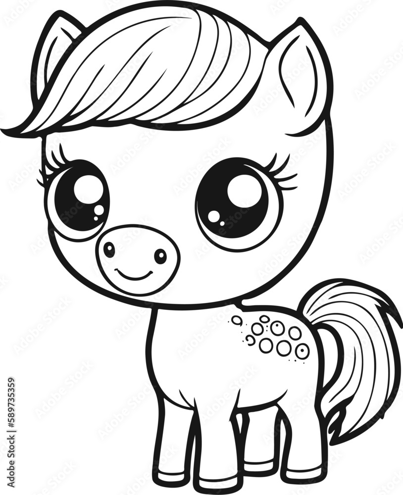 Cute cartoon horse or foal . Baby animal in line drawing. Vector