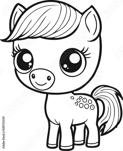 Cute cartoon horse or foal . Baby animal in line drawing. Vector illustration on isolated background. For printable children's and adults coloring page or book, kids toddler activity.