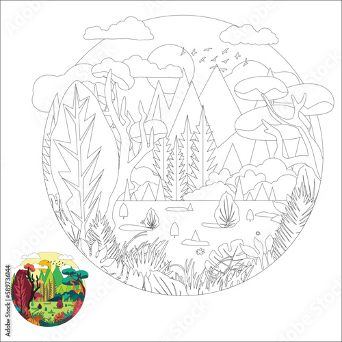 Landscape vector illustration for coloring pages, paint by number sketch, and painting page books