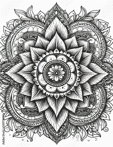 Mandala coloring book page, black and white, beautiful, graphical resource. Generative AI