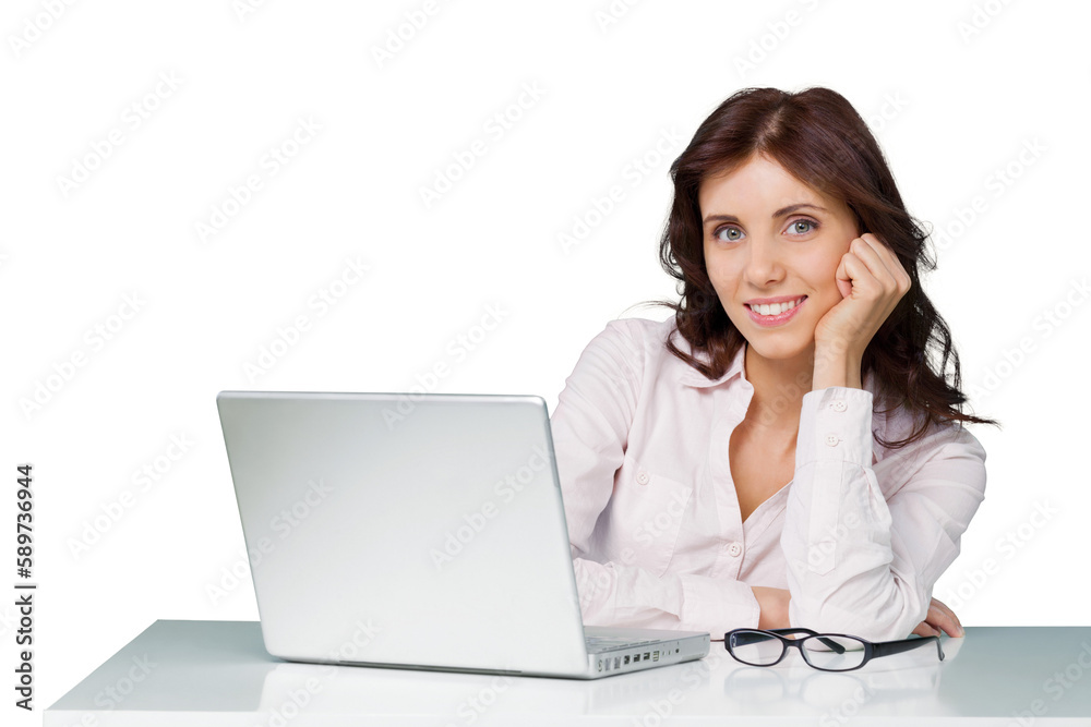 Businesswoman Sitting Behind The Desk Resting Head on Hand - Isolated Businesswoman Sitting Behind The Desk Resting Head on Hand - Isolated