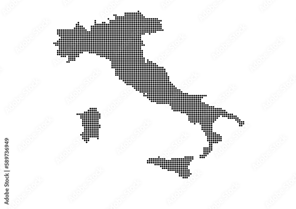 An abstract representation of Italy,Italy map made using a mosaic of black dots. Illlustration suitable for digital editing and large size prints. 