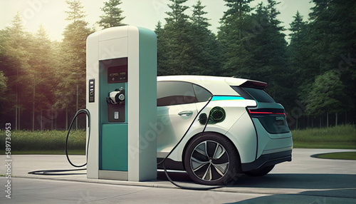 electric car plugged charging at standalone Ai generated Image © TrendyImages