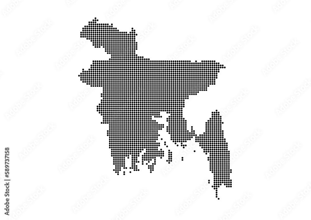 An abstract representation of Bangladesh,Bangladesh map made using a mosaic of black dots. Illlustration suitable for digital editing and large size prints. 