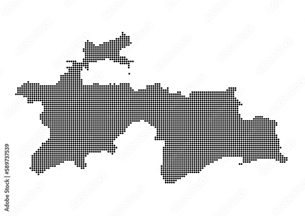 An abstract representation of Tajikistan,Tajikistan map made using a mosaic of black dots. Illlustration suitable for digital editing and large size prints. 