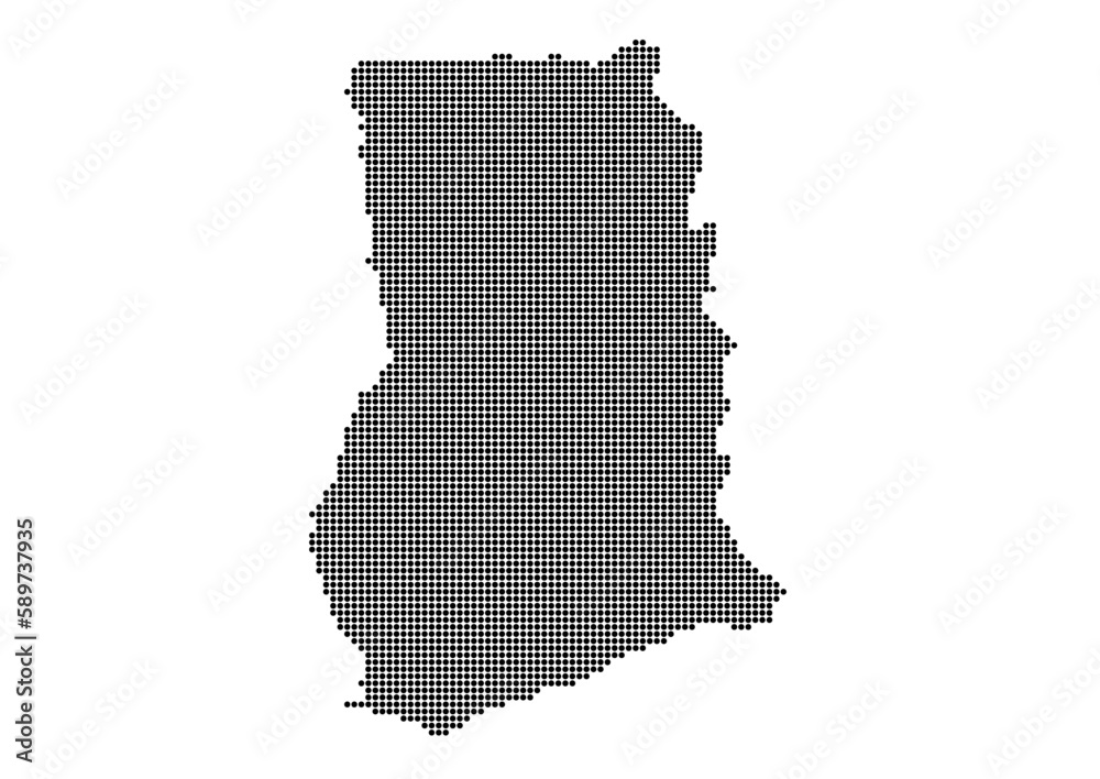 An abstract representation of Ghana,Ghana map made using a mosaic of black dots. Illlustration suitable for digital editing and large size prints. 