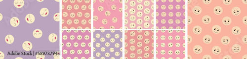Set of ten patterns, plain objects. Backdrop design, funny girl visage.