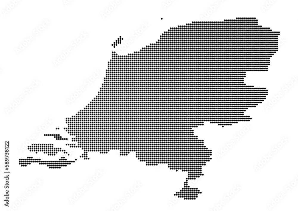 An abstract representation of Netherlands,Netherlands map made using a mosaic of black dots. Illlustration suitable for digital editing and large size prints. 