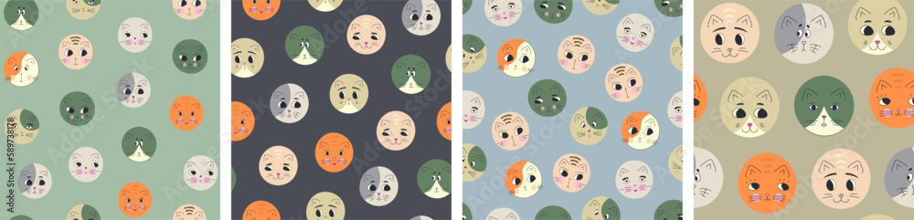 Four surface patterns, black eyes cats. Backdrop design, round kitty face, for wrapping paper, textile, branding. Four surface patterns, black eyes cats. Backdrop design, round kitty face, for wrapping paper, textile, branding.