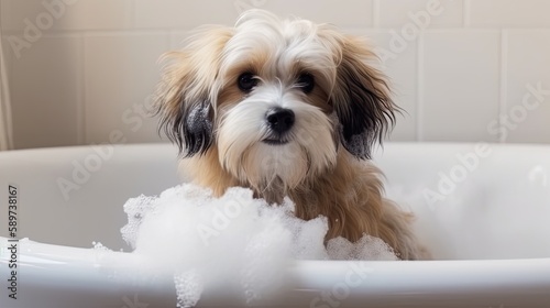 Adorable puppy in a bath. Sudsy dog in a tub. Cute Maltese Shi-tzu.