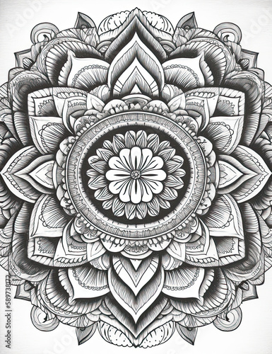 Mandala coloring book page, black and white, beautiful, graphical resource. Generative AI