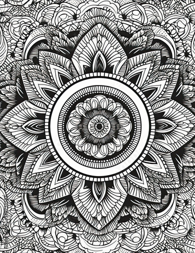 Mandala coloring book page, black and white, beautiful, graphical resource. Generative AI